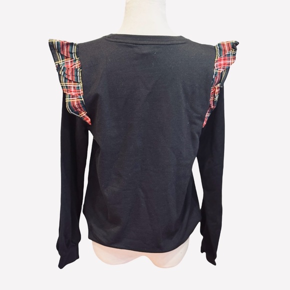 J. Crew Ruffle Shoulder Sweatshirt Plaid Black Red Tartan M Preppy Holiday - Picture 4 of 6